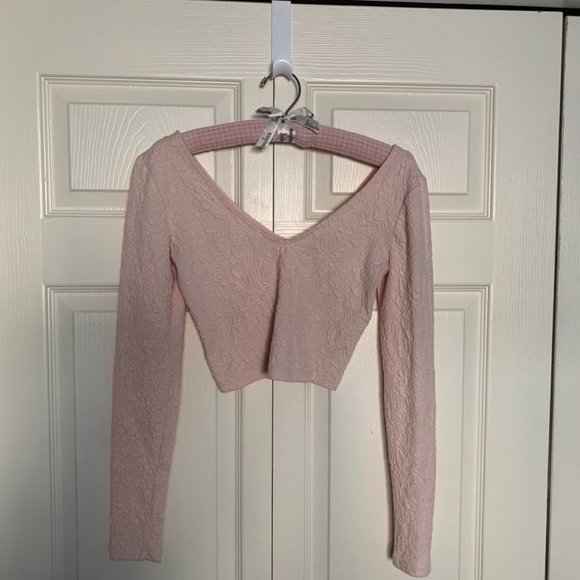 Forever 21 Pink Long Sleeve Double V-Neck Crop Top-Size S - Picture 2 of 7